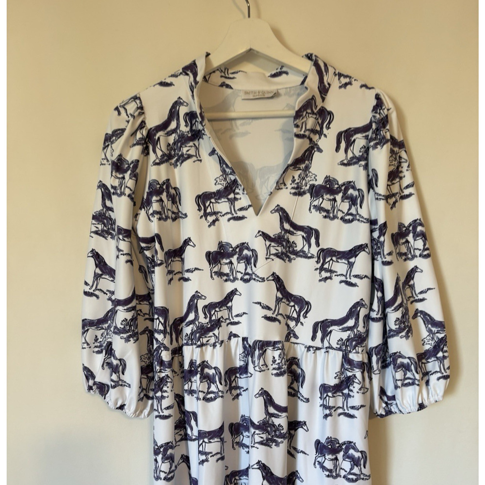 Smith & Quinn Dress Medium Mini Aline Puff Sleeve Horse
Print White Blue Stretch - Picture 2 of 12